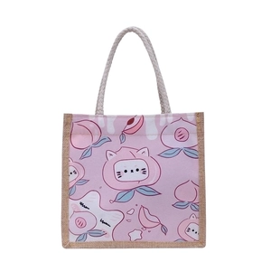 Cute pink peach cat canvas tote bag with jute trim and braided rope handles