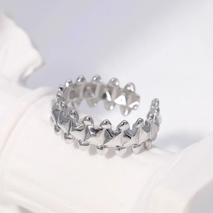 Minimalist silver geometric gear ring with adjustable open band and polished finish