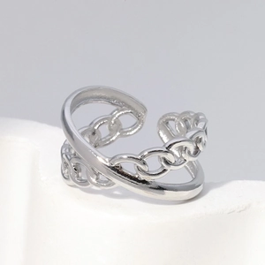 Adjustable silver titanium steel ring with layered chain and smooth band design