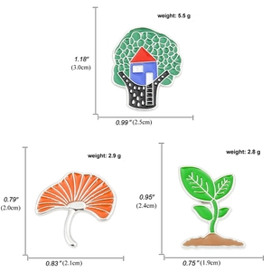 Enamel plant pins set with treehouse and mushroom designs and sizing details