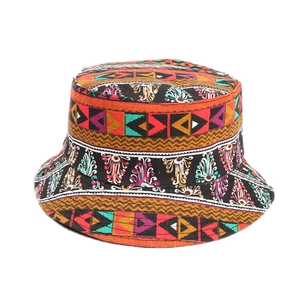 Women's reversible bucket hat with ethnic geometric patterns for outdoor sun protection