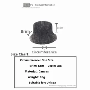 Size guide for canvas bucket hat showing measurements of brim depth and circumference