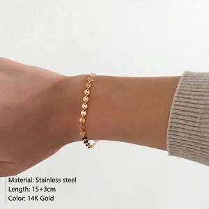 Adjustable 14K gold plated stainless steel disc chain bracelet for women 15+3cm length