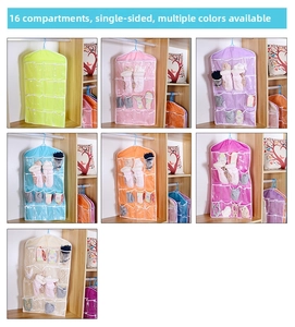 Close-up of a 16-pocket hanging organizer showing clear slots and color options