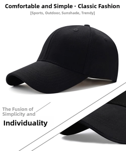 Close-up of a black cotton baseball cap showing classic 6-panel structure and vent holes