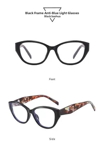 Détail de lunettes œil de chat anti-lumière bleue avec monture noire et branches en écaille