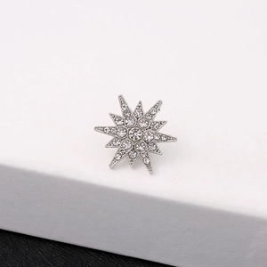 Sparkling silver starburst brooch pin with clear crystals on a white pedestal display