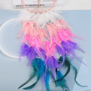 Pink dream catcher with crystal life tree, multi-colored feathers and pearl bead accents