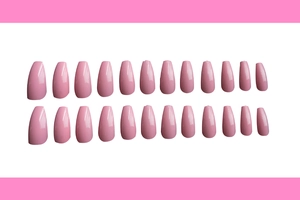 Muestra plana de 24 piezas de uñas postizas largas de color rosa brillante tipo ataúd