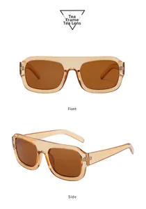 Detail view showing retro flat top aviator sunglasses with tea frame and tea lenses