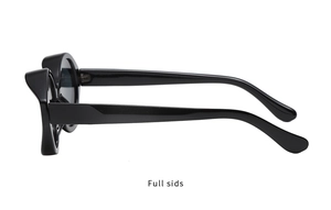 Side view of black glossy cat-eye sunglasses with thick frames and curved temples