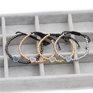 Heart Charm Bracelet Copper Beads Micro Pave Zircon Adjustable Woven Rope Handmade Fashion Jewelry