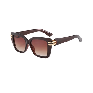 Fashionable dark brown square cat-eye sunglasses with gradient brown lenses and gold accents