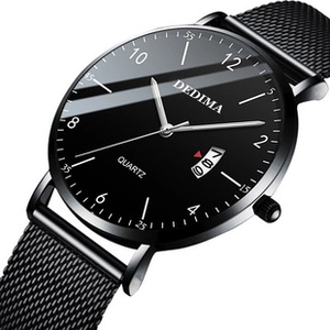 Close-up of black quartz watch face with calendar window and black mesh steel strap