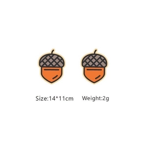 Detail view of cartoon acorn stud earrings showing 14x11mm size and 2g weight specs
