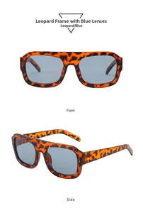 Macro view of leopard print square frame sunglasses with blue lenses showing side temple detail