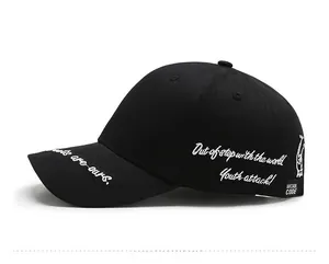 Dettaglio del berretto da baseball nero in cotone con ricamo bianco in stile streetwear