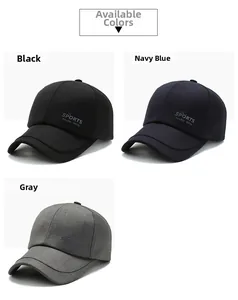 Sports baseball caps in black, navy, and grey colors with SPORTS embroidery on front