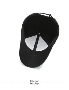 Interior view of black baseball cap showing white lining and bronze metal buckle detail