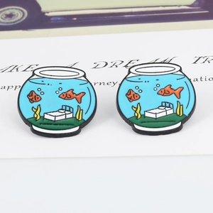 Cartoon enamel fish tank and dream bottle brooch pins with goldfish and lemon motifs