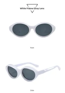 Detailed views of vintage cat eye sunglasses in white resin frames with grey lenses