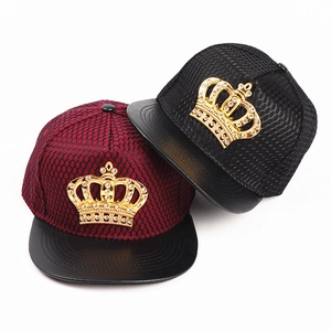 Hip hop snapback hats in burgundy and black with gold rhinestone crown and mesh crown