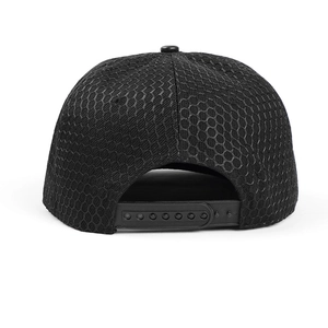 Back view of black hip hop snapback cap featuring breathable hexagonal mesh and strap