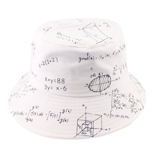 Macro shot of white cotton bucket hat with black mathematical and physical formula print