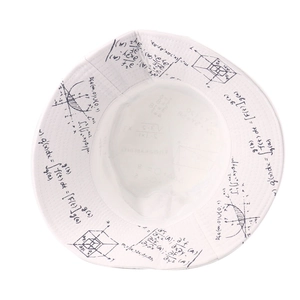 White canvas bucket hat with black mathematical formulas and 3D geometry patterns