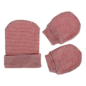 Detail of red and white striped knit baby hat and matching scratch mittens for newborns