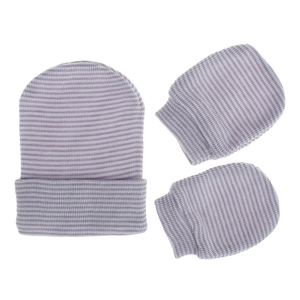 Newborn baby hat and mittens set with purple and white stripes for 0-3 months