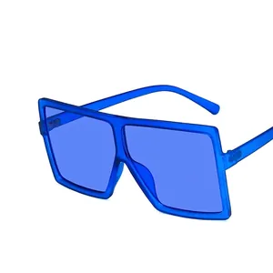 Retro oversized square sunglasses in translucent bright blue with premium metal hinges