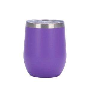 Detail view of a 12oz purple U-shaped egg cup with a clear plastic lid on white background