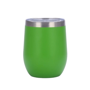 Detail of green 12oz stainless steel egg cup with transparent lid on white background