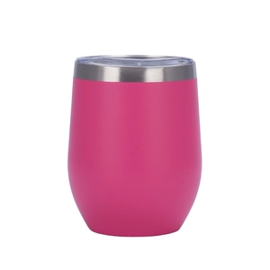 Close-up of 12oz pink matte vacuum tumbler with transparent lid and stainless rim