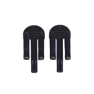 Pair of black plastic anti-slip clips for trash cans on a clean white background