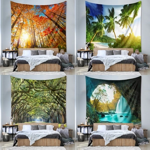 Bohemian landscape tapestry set with autumn forest and tropical beach for room decor