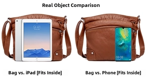 Detail of vintage brown leather crossbody bag with multiple zippers and size comparison to iPad