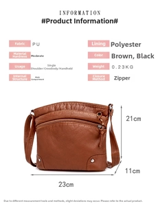 Detailed size specifications and material info for the brown soft PU leather shoulder bag
