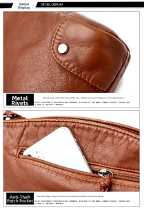 Detailed view of brown leather bag with silver rivets and back anti-theft zipper pocket