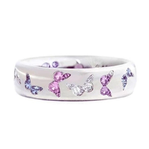 Elegant wide band ring featuring colorful zircon butterfly patterns in silver finish