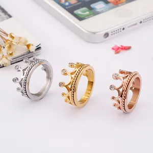 Elegant Crown Ring Stainless Steel With Zircon Inlay Princess Tiara Fashion Jewelry For Women Twisted Rope Texture