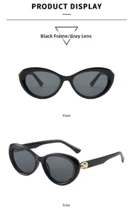 Close-up of golden snake head metal decoration on black cat eye sunglasses frame