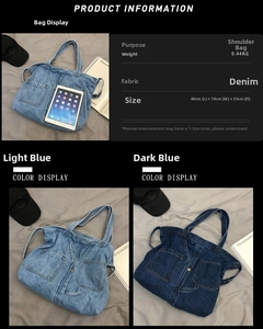 Detailed view of denim tote bag specs and colors with size 48x10x35cm dimensions