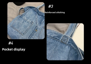 Close-up of reinforced brown stitching and small pocket on blue denim tote bag