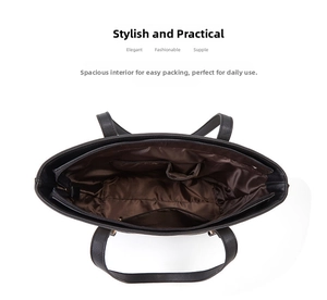 Internal view of black tote bag showing dark satin lining and multiple storage pockets
