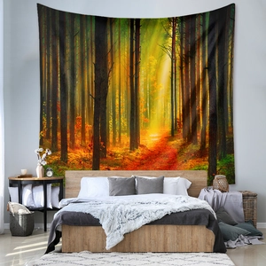 Detail of forest landscape tapestry showing sunlight through trees as bedroom wall decor