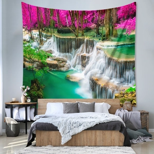 Detailed macro view of a large landscape tapestry featuring a vibrant purple forest and waterfall