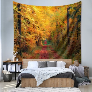 Detailed bedroom scene with Bohemian autumn forest tapestry on the wall