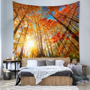 Detail of high-definition autumn forest tapestry with sunbeams on polyester fabric